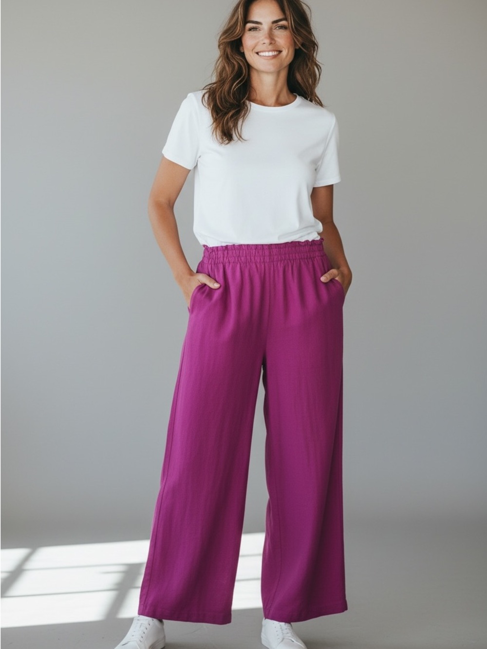H&M Women's Magenta Elastic-Waist linen blend Wide Leg Pants SIZE XS